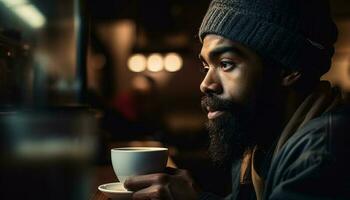 Smiling man holding coffee cup in cafe generated by AI photo