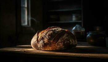 Freshly baked bread on rustic wooden table generated by AI photo