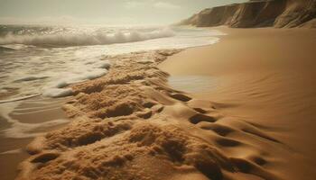 Sunrise over tranquil seascape, ripples on sand generated by AI photo