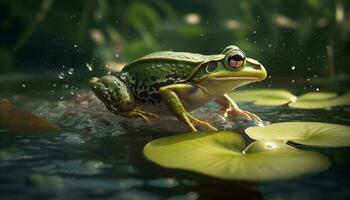 Slimy toad sitting in wet pond water generated by AI photo