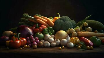 Fresh vegetables and fruits for healthy eating generated by AI photo