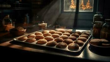 Homemade chocolate chip cookies cooling on rack generated by AI photo