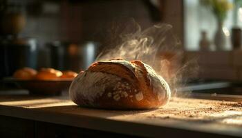 recién horneado rústico un pan en de madera mesa generado por ai foto