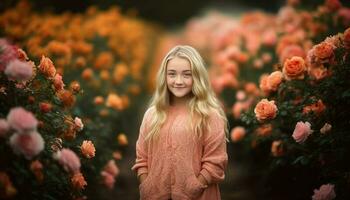 Blond beauty smiling, surrounded by nature freshness generated by AI photo
