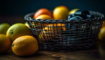 Fresco orgánico Fruta cesta en rústico de madera mesa generado por ai foto