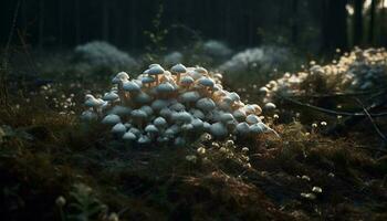Fresco seta venenosa crecimiento en inculto bosque prado generado por ai foto