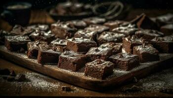 Indulgent homemade brownie stack on rustic table generated by AI photo
