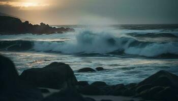 Breaking waves crash on rocky coastline at dusk generated by AI photo