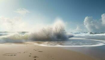 Sunlight splashing on breaking waves, idyllic seascape generated by AI photo