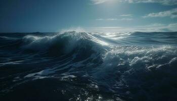 Breaking waves crash on wet sand, splashing generated by AI photo