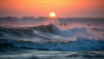 Sunrise over tranquil waters, nature beauty revealed generated by AI photo