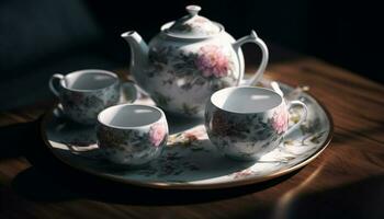 Hot drink in ornate teapot on saucer generated by AI photo