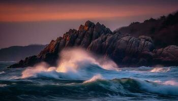 amanecer terminado majestuoso línea costera, estrellarse olas temor generado por ai foto