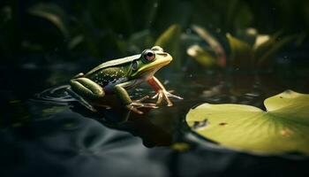 Slimy toad sitting on wet leaf, looking generated by AI photo