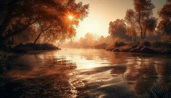 Tranquil sunrise over foggy forest reflection pond generated by AI photo
