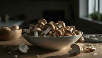 Organic shiitake mushroom on rustic wooden plate generated by AI photo