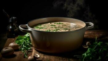 Fresh vegetable soup, cooked with organic ingredients generated by AI photo