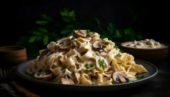 Freshly cooked fettuccine with mushroom sauce, parsley generated by AI photo