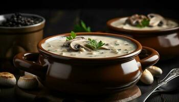 rústico vegetariano sopa de pescado, adornado con perejil hoja generado por ai foto