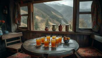 Rustic mountain cottage offers fresh summer refreshment generated by AI photo