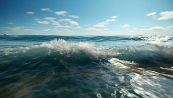 Sun kissed surfers ride waves in tropical paradise generated by AI photo