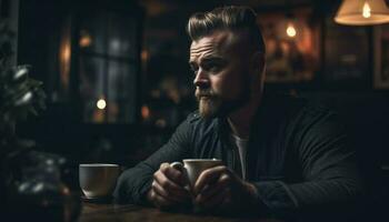 barbado hombre disfruta café descanso adentro a noche generado por ai foto