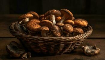Rustic basket overflows with fresh organic mushrooms generated by AI photo