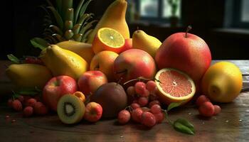 Juicy citrus fruits and berries on wooden table generated by AI photo