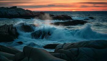 Sun reflection on wet rock, breaking waves generated by AI photo