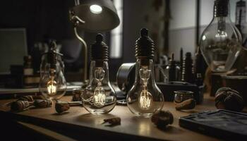 Antique lantern illuminates rustic table with glowing filament generated by AI photo