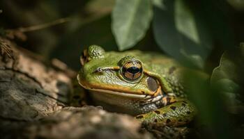 Slimy toad sitting on wet leaf, looking generated by AI photo