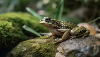 Slimy toad sitting on wet branch, looking generated by AI photo