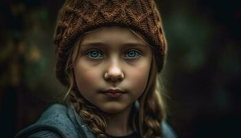 linda caucásico niño sonriente en invierno bosque retrato generado por ai foto