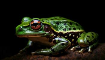 Spotted poison arrow frog sitting on leaf generated by AI photo