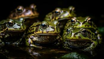 Green toad sitting in wet pond, staring generated by AI photo