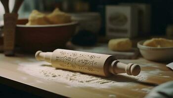 Chinese calligraphy on antique bowl, preparing homemade meal generated by AI photo