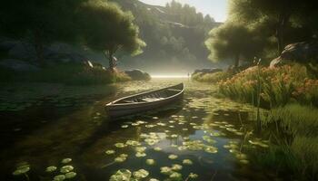 Tranquil scene of rowboat on autumn pond generated by AI photo