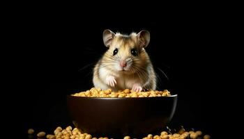 Fluffy rodent eating healthy snack from bowl generated by AI photo