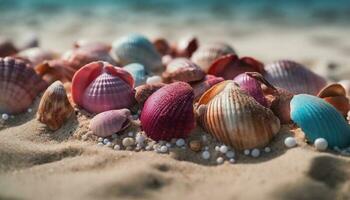 Seashell and starfish decorate tropical coastline souvenir generated by AI photo