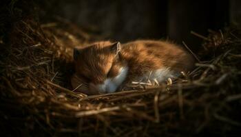 Fluffy kitten sleeping in hay, peaceful fragility generated by AI photo