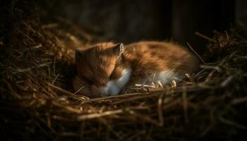 Fluffy kitten sleeping in hay, peaceful fragility generated by AI photo