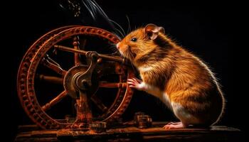 Cute furry rat sitting on metal wheel generated by AI photo