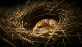 Fluffy mammal nestles in hay, new life generated by AI photo