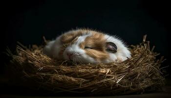 Fluffy guinea pig sleeping in hay nest generated by AI photo