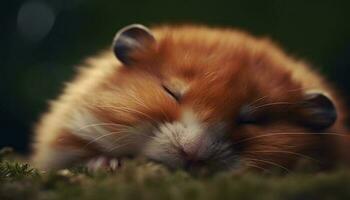 Fluffy kitten sleeping in green grass meadow generated by AI photo