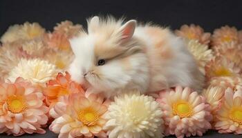 Fluffy rabbit sitting, looking at pink daisy generated by AI photo