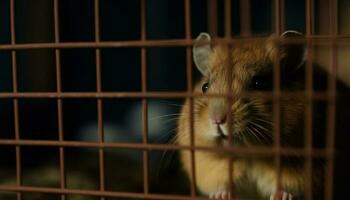 Fluffy rabbit trapped in cage, looking sad generated by AI photo