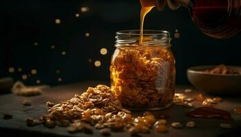 Sweet honey jar on rustic wood table generated by AI photo