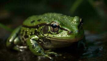 verde sapo sentado en mojado hoja, mirando generado por ai foto