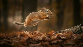 Fluffy rodent hiding in autumn forest leaves generated by AI photo